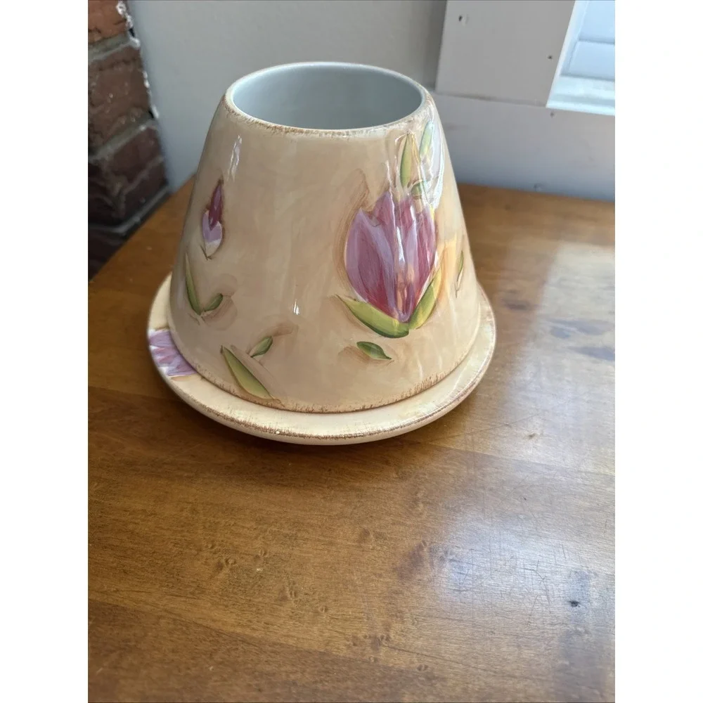 VTG Yankee Candle Spring  Floral Tulip Ceramic Candle Shade Topper & Plate Set